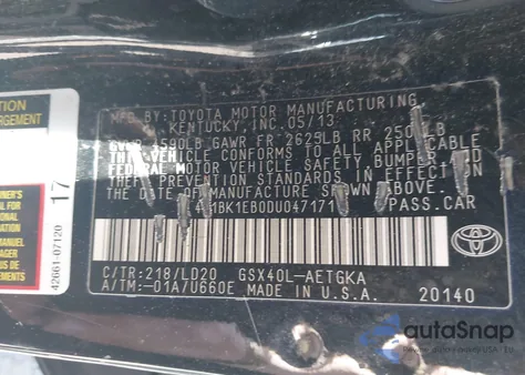 2013 Toyota Avalon Xle из США, поврежденный, VIN 4T1BK1EB0DU047171